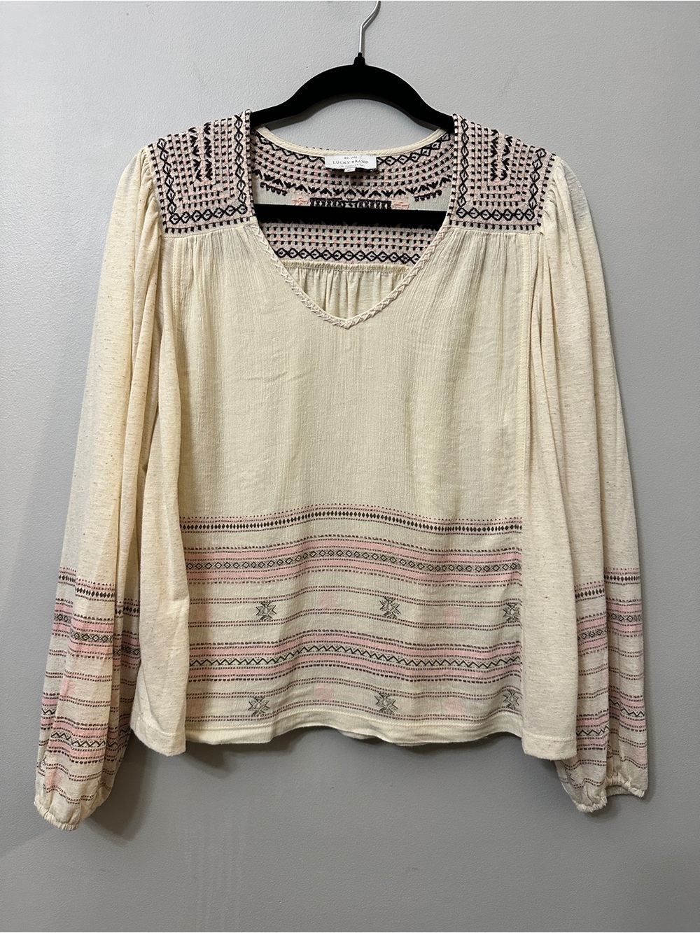 Lucky Brand Embroidered Boho Peasant Top Cream Pink Size Small Long Sleeve